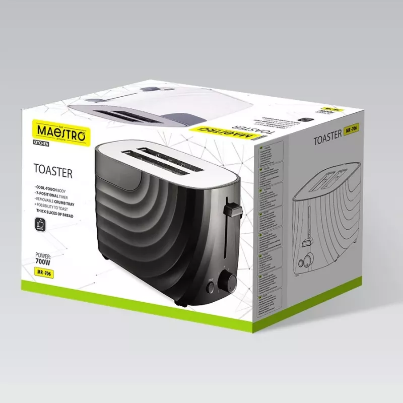Tostapane Maestro MR-706-Black, tostapane compatto nero a 2 fette