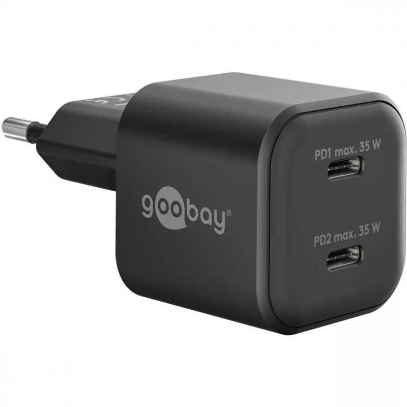 Caricabatterie da parete GOOBAY 75333 — caricabatterie universale AC-USB-C per interni, 2x USB-C, 35 W, nero