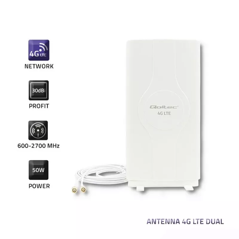 Qoltec 57013 antenna omnidirezionale 4G LTE da interni, 2x SMA, 0,6-2,7 GHz, 30 dBi, polarizzazione verticale, 50 Ω, ABS bianco