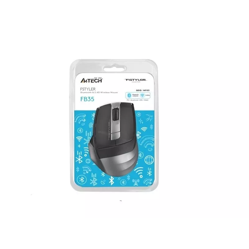 Mouse wireless A4Tech FB35 (modello 46717) – Bluetooth + 2,4 GHz, 2000 dpi, 6 tasti, grigio