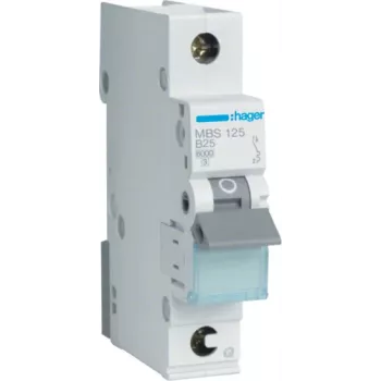 Hager MBS125. Corrente nominale: 25 A. Tipo: curva B, numero moduli (max): 1 modulo. Larghezza: 17,5 mm, profondità: 70 mm, altezza: 83,4 mm (MBS125)