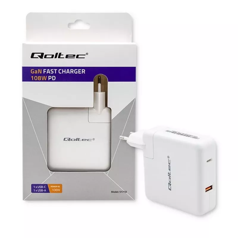 Qoltec caricabatterie GaN FAST 108W | 5-20V | 3-4.7A | USB C | bianco