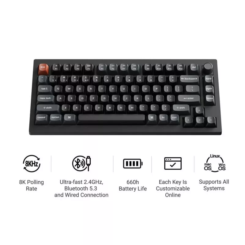 Tastiera meccanica 75% Keychron V1 Ultra 8K — QWERTY, Bluetooth e cavo, RGB, nero