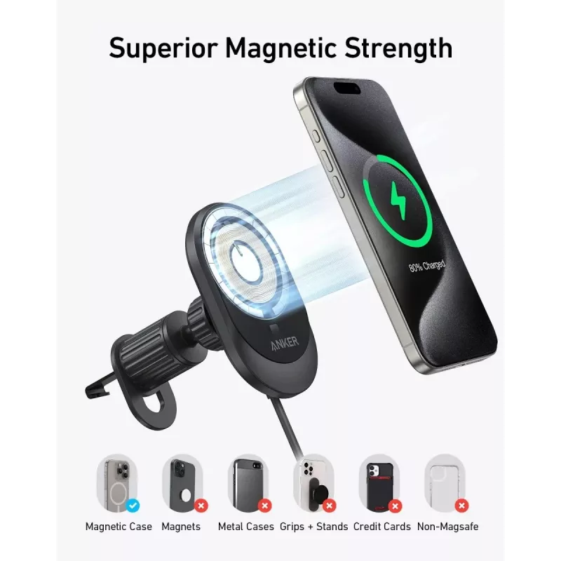 Caricabatterie magnetico wireless per auto Anker MagGo 15W — ricarica rapida magnetica Qi 15W per smartphone, nero