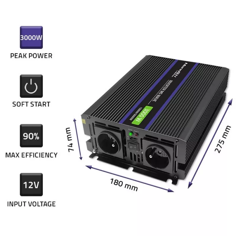 Inverter QOLTEC Monolith 3000 MS Wave, 12V→230V, 1500/3000W, con USB