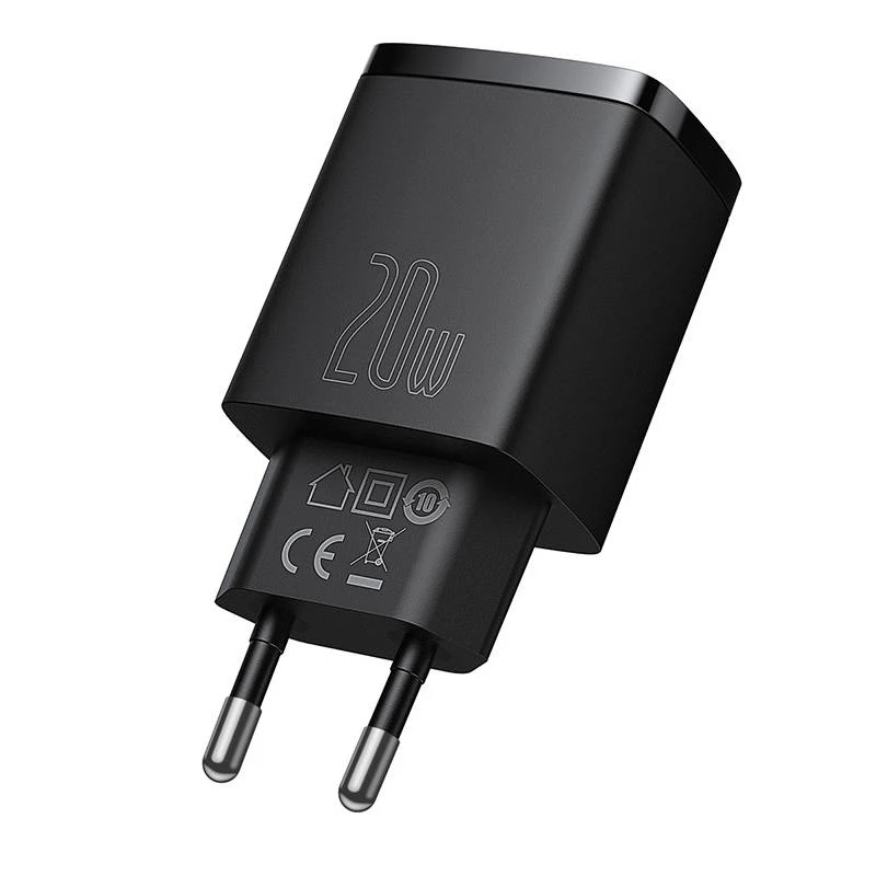Caricabatterie rapido USB da interno Baseus CCXJ-B01 – 2 porte (USB-C PD 20W + USB-A QC3.0 18W), 100–240 V, nero
