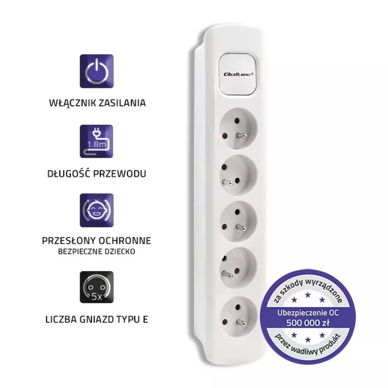 Prolunga elettrica Qoltec 50276 1,8 m 5 prese AC per interni bianco