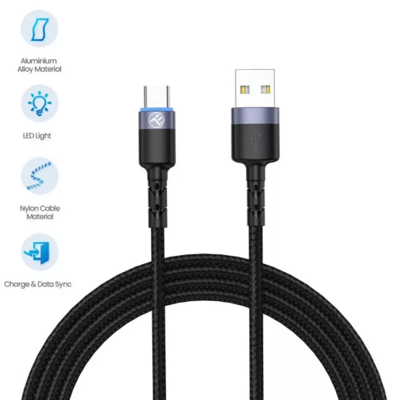 Cavo dati Tellur USB a Type-C LED treccia in nylon 1,2 m nero