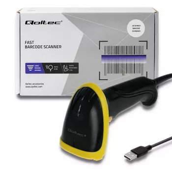 Lettore di codici a barre portatile QOLTEC 50867 — scanner laser 1D/2D, USB con filo, portata 600 mm, giallo/nero