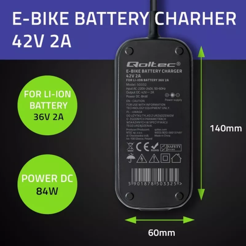 Caricabatterie per e-bike QOLTEC 50332 — uscita 36V/42V, 2A, connettore 5,5×2,1 mm