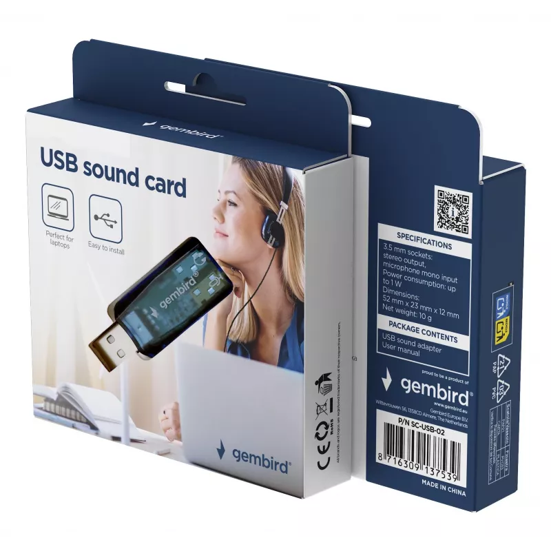 Scheda audio esterna USB Gembird Virtus2 — interfaccia USB, cuffie 3,5 mm, blu trasparente