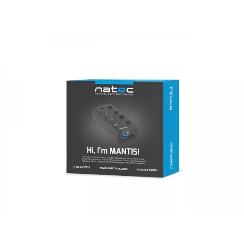 Natec Mantis 2 NHU-1557 hub USB 3.0 a 4 porte, ingresso USB Type-B, interruttori on/off, alimentatore, nero