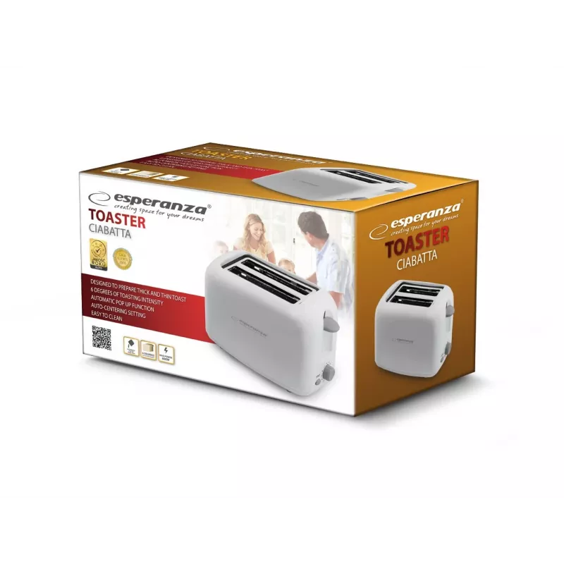 Esperanza EKT002 Ciabatta tostapane, 2 fessure, 600 W, bianco