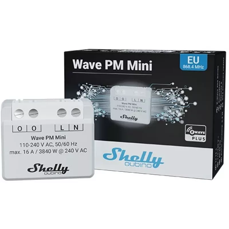 Interruttore intelligente Shelly Qubino Wave PM Mini, 1 canale, da incasso, Z-Wave, wireless, 110–240 V AC / 24–30 V DC, grigio