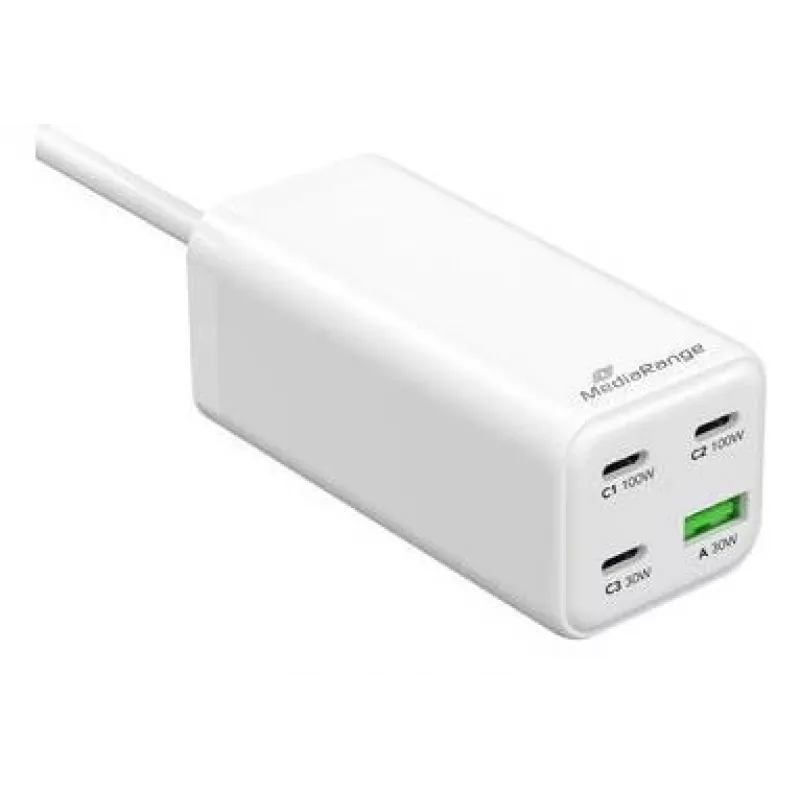 Caricabatterie da viaggio MediaRange MRMA124 100W AC, 3x USB-C, ingresso 100–240V, cavo 1,5 m, bianco