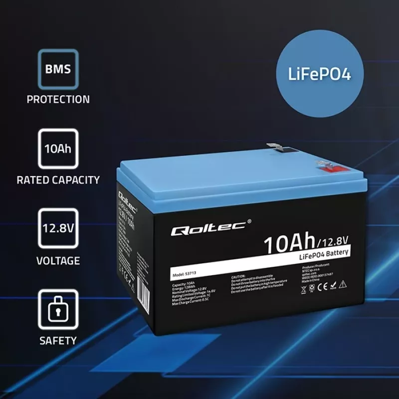 Batteria ricaricabile LiFePO4 QOLTEC 10Ah 12,8V 128Wh con BMS integrato