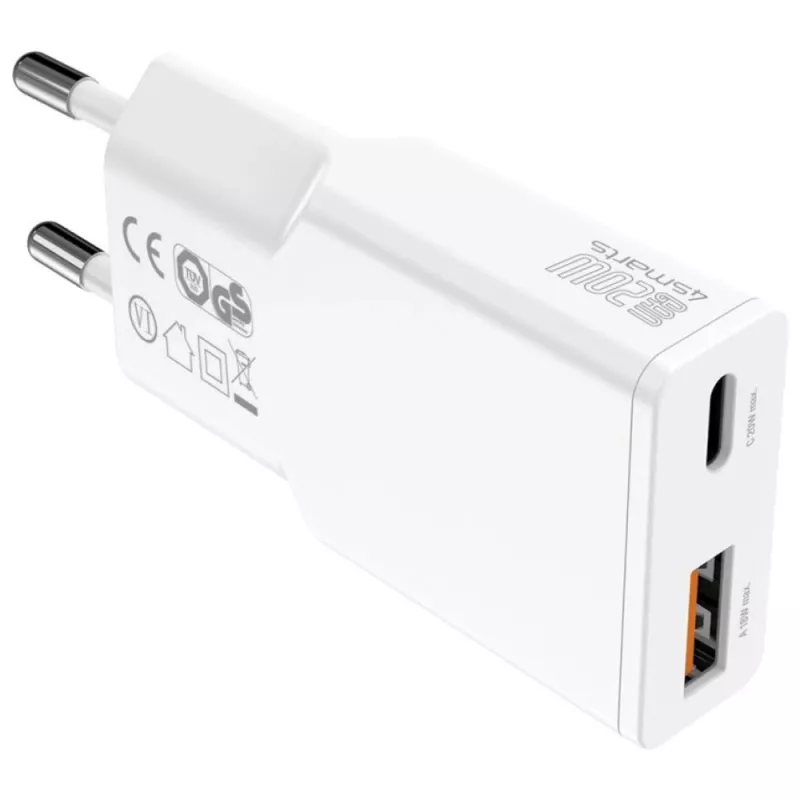 Caricabatterie da interno per dispositivi mobili AC 4smarts 541509 — 100–240V, USB-A + USB-C, cavo 1.5 m, ricarica rapida, bianco