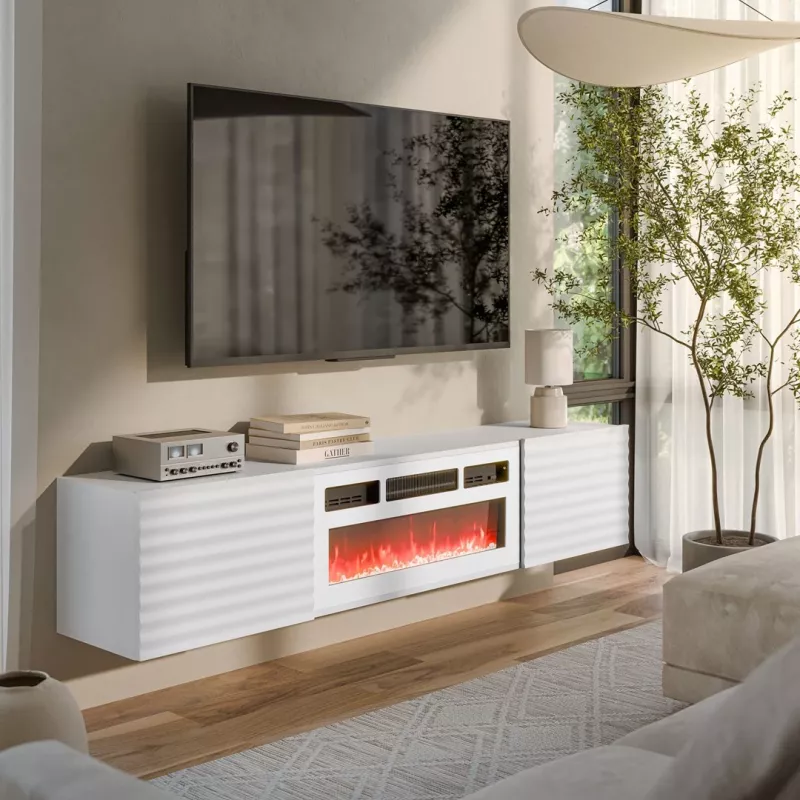 Mobile TV Cama TULA 183x35x37 bianco opaco + camino bianco