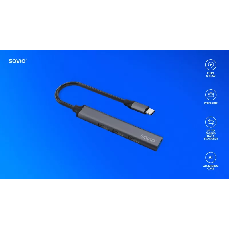 Hub USB 3.0 4 porte SAVIO AK-71 con host USB-C, 5000 Mbit/s, garanzia 2 anni