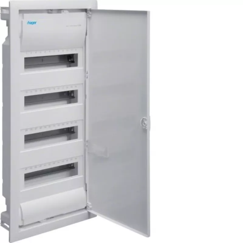 Hager Volta VU48NE quadro elettrico da incasso, 4 file, 48 moduli, IP30, porta metallica, 348×755,5×98 mm, bianco
