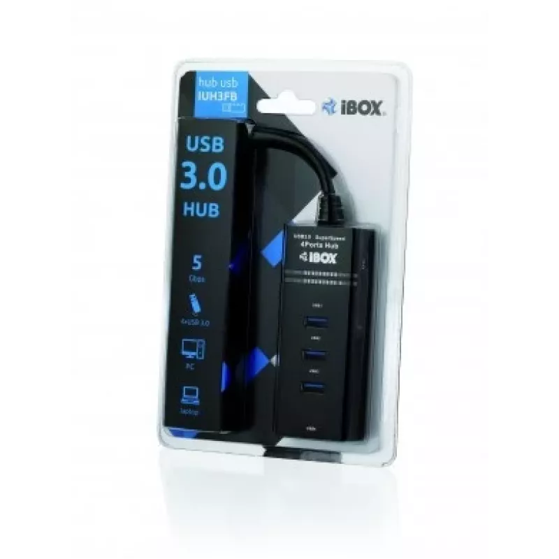 Hub USB 3.2 Gen 1 Type-A 4 porte IBOX IUH3FB, 5000 Mbit/s, nero, cavo 0,5 m