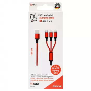 Cavo USB 2GO 797150 1,5m USB B USB C/Micro-USB B/Lightning rosso