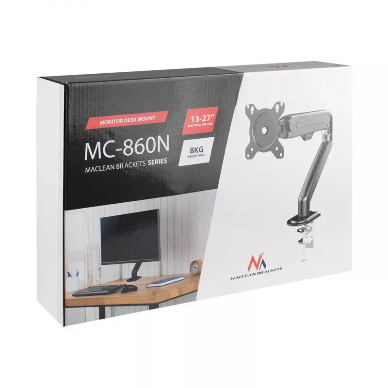Supporto per monitor Maclean MC-860N, con molla a gas, 13-27, 8 kg, Nero