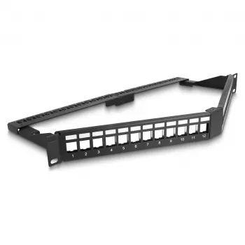 Patch Panel Keystone DeLOCK 19 pollici 24 porte con scarico di trazione 1HE angolato nero