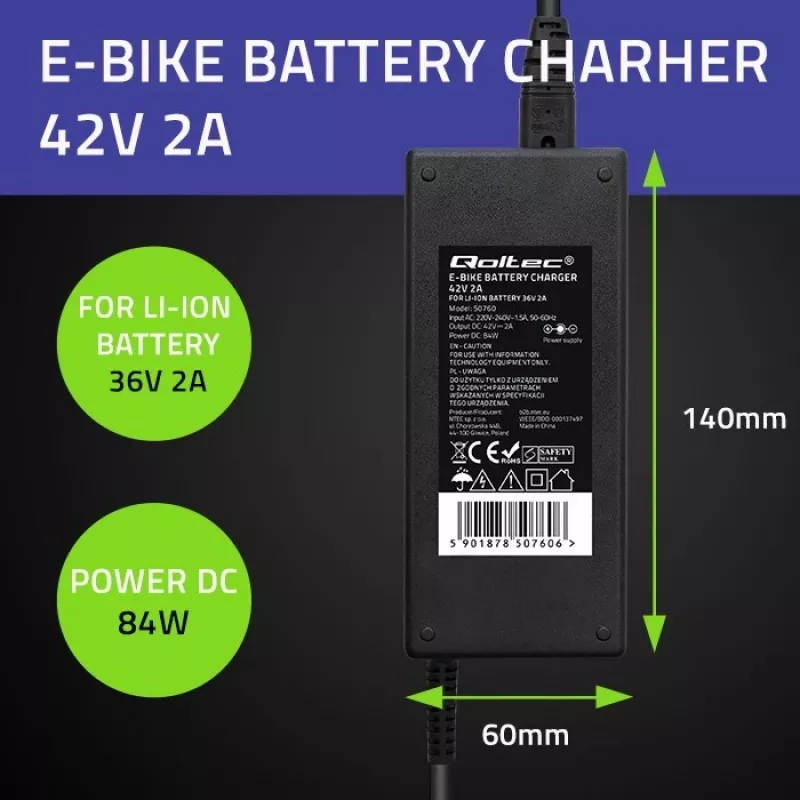 Qoltec 50761 caricabatterie per batterie e-bike 36V | 42V | 2A | 5,5*2,5