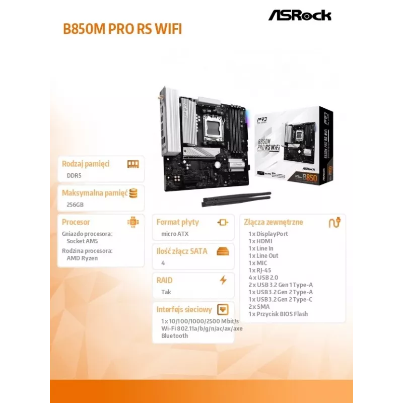 Scheda madre ASRock B850M Pro RS WiFi — AMD B850, socket AM5, microATX, DDR5, 4 DIMM, 256GB, Wi-Fi 6E, LAN 2.5Gb, 3x M.2