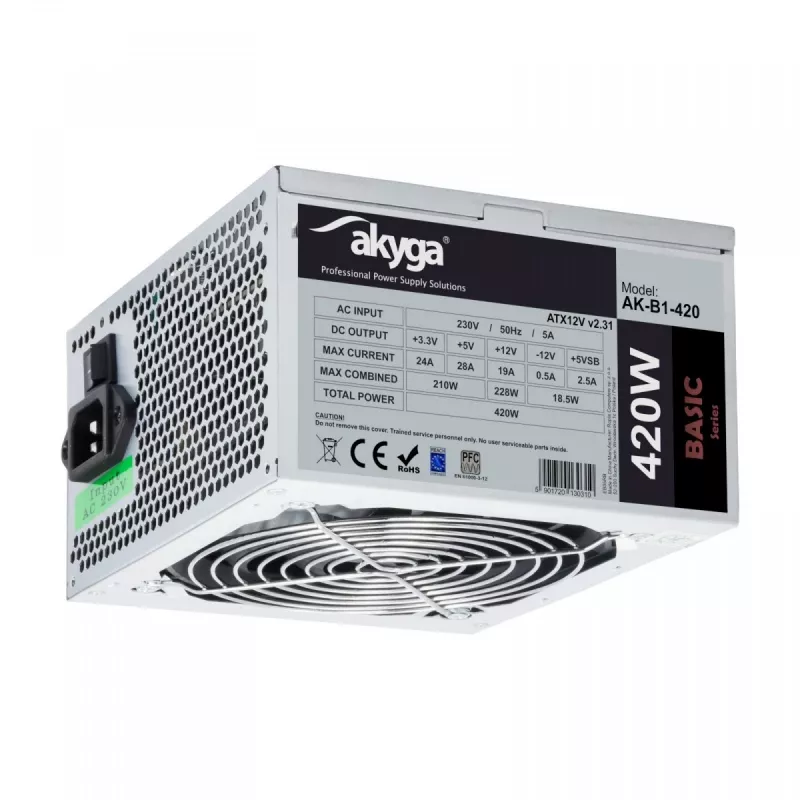 Akyga Basic AK-B1-420 alimentatore ATX 420 W, ventola 120 mm, PFC passivo, grigio