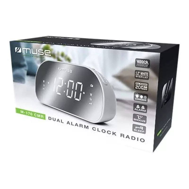 Radiosveglia Muse M-170CMR — radiosveglia digitale, display LED da 1,2 pollici, FM, AC 230V, backup AAA, specchio/bianco