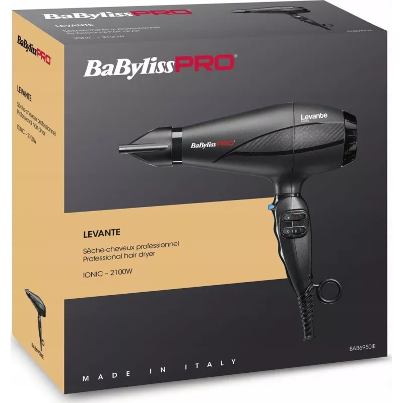 Asciugacapelli BaByliss PRO Levante 2100 W, motore AC, ionico, 2 temperature/2 velocità, nero