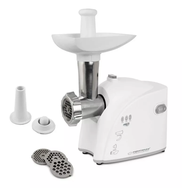 Tritacarne elettrico ESPERANZA EKM032 — 2200 W, bianco, 3 dischi forati, accessori kebbe e salsicce