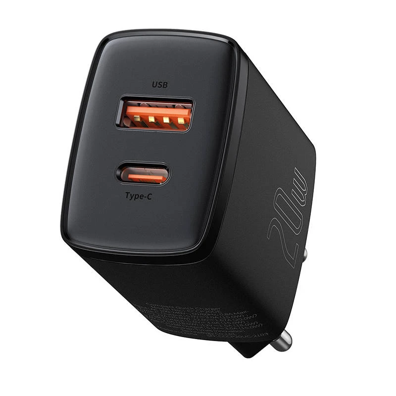 Caricabatterie rapido USB da interno Baseus CCXJ-B01 – 2 porte (USB-C PD 20W + USB-A QC3.0 18W), 100–240 V, nero