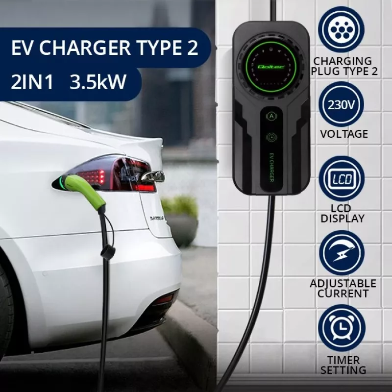 Caricabatterie mobile per veicoli elettrici QOLTEC 52468 Type 2, 3,5 kW, 16 A, cavo 5 m, IP65