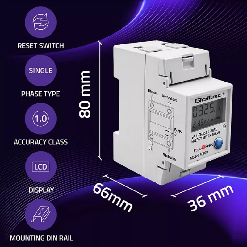 Contatore di energia QOLTEC monofase per guida DIN 230V (MPN 50979)