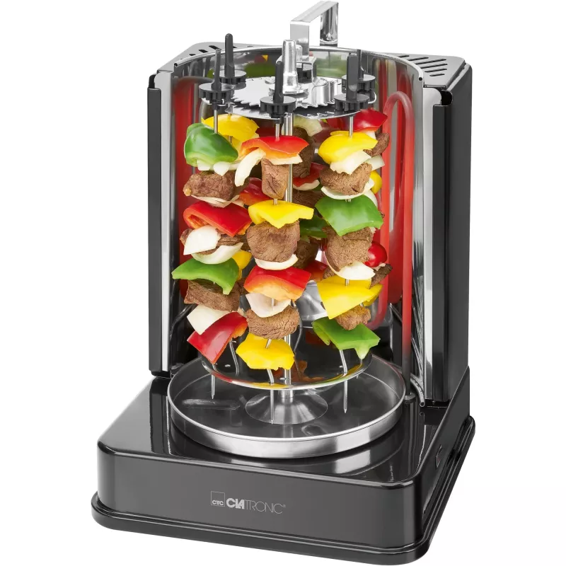 Multigrill elettrico verticale CLATRONIC DVG 3686, 1400 W, nero, con spiedo rotante e 6 spiedini