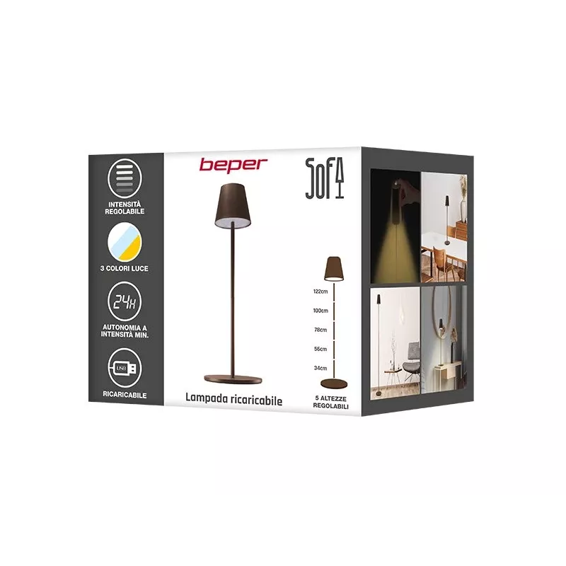 Beper P201UTP403 lampada da divano ricaricabile, controllo touch, altezza regolabile, 2,3 W, Corten
