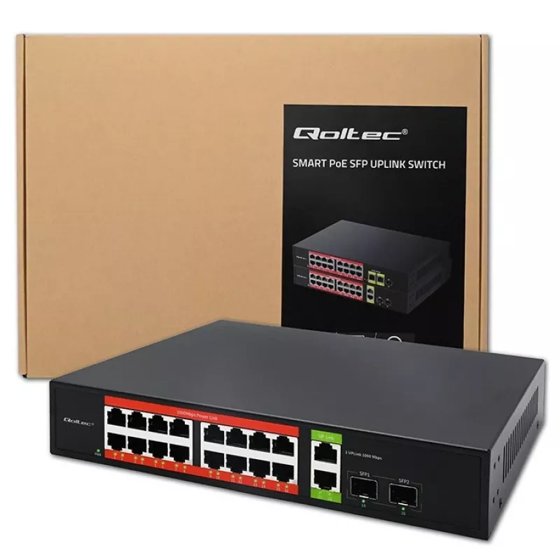 Switch di rete QOLTEC 52292 — Gigabit Ethernet PoE, 16x RJ45, 2x RJ45 uplink, 2x SFP