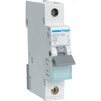 Hager MCN102. Corrente nominale: 2 A. Tipo: caratteristica C, numero moduli (max): 1 modulo. Larghezza: 17,5 mm, profondità: 70 mm, altezza: 83 mm (MCN102)