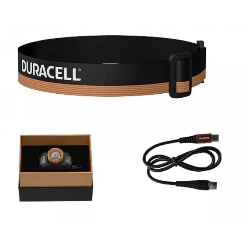 Torcia frontale Duracell DH1500R — nera/arancione, illuminazione ricaricabile a mani libere