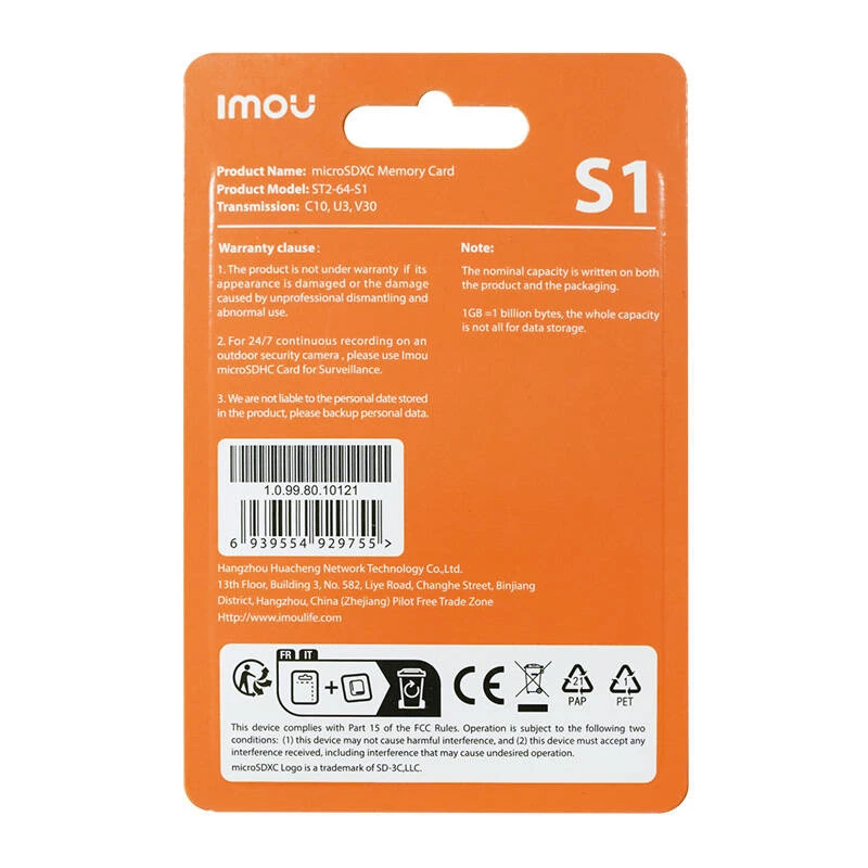 Scheda microSD IMOU ST2-64-S1 64 GB, Class 10, lettura 95 MB/s, scrittura 35 MB/s, U3 V30