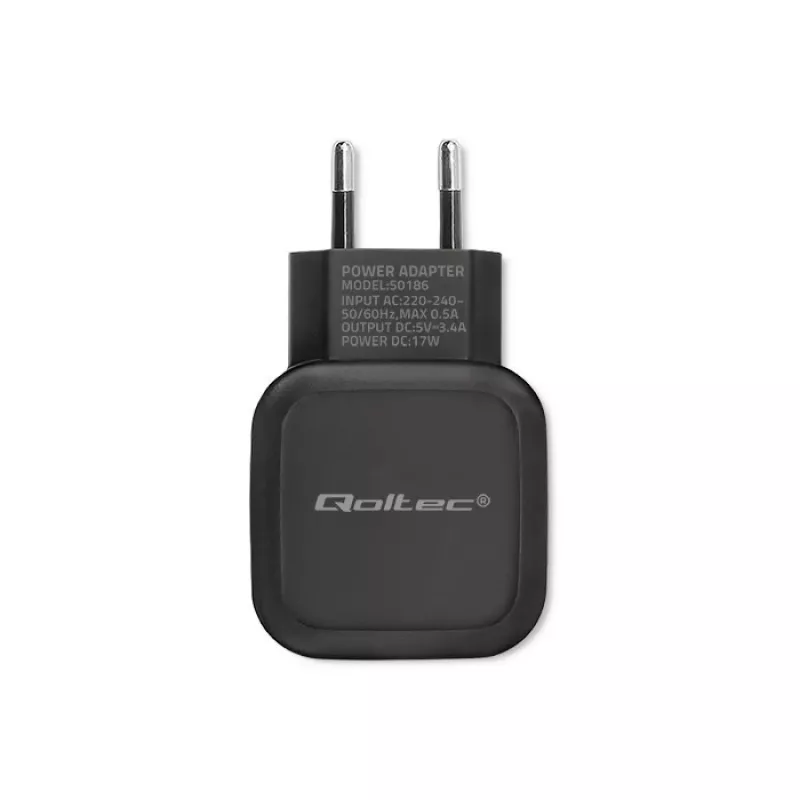 Caricatore da interno AC QOLTEC 50186 per smartphone e tablet, 5 V 3.4 A, 17 W, 2× USB, nero