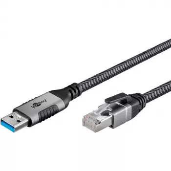 Cavo Ethernet USB-A 3.2 Gen1 connettore maschio > connettore maschio RJ-45, adattatore LAN nero/argento, 5 metri, guaina in tessuto intrecciato