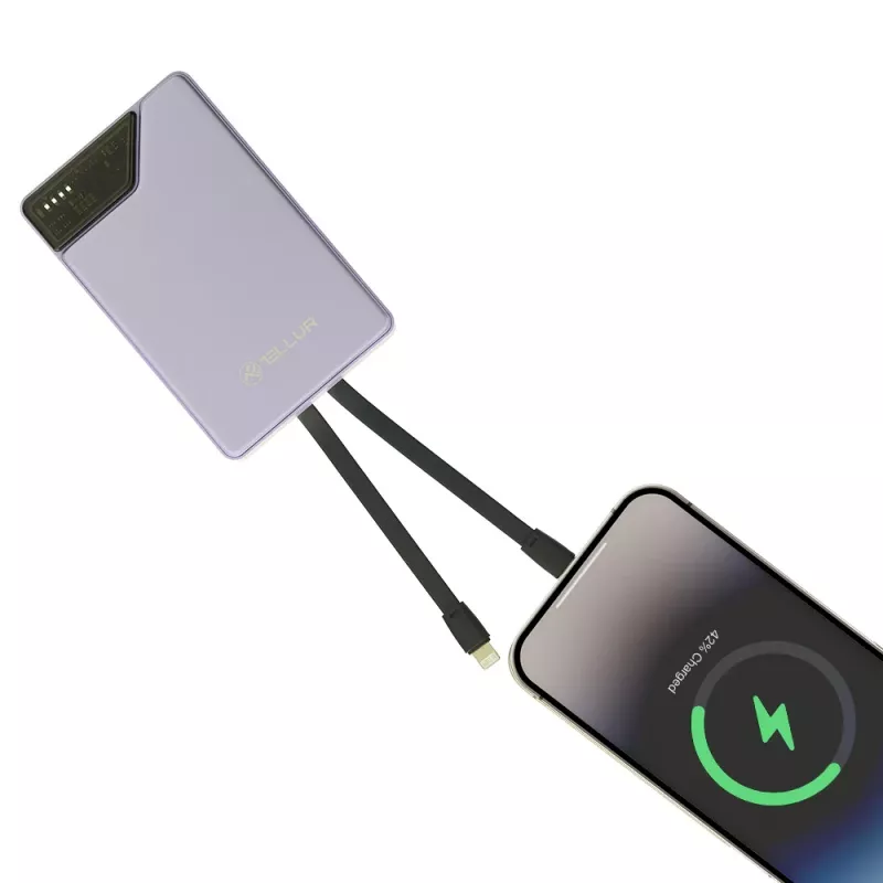 Powerbank portatile Tellur TLL158441, 10000 mAh, cavi USB-C e Lightning integrati, viola