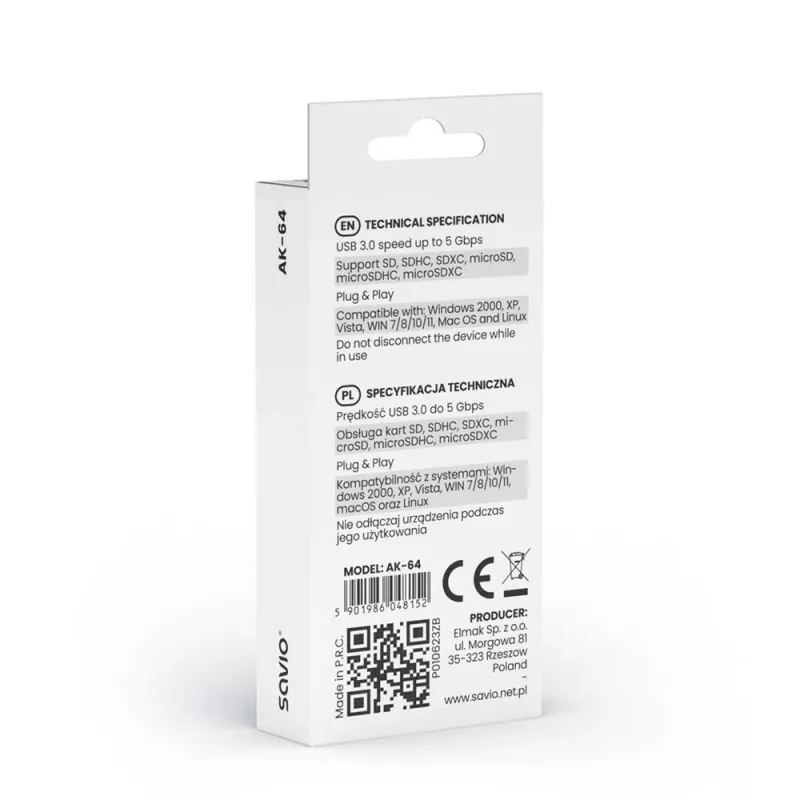 Lettore di schede SAVIO AK-64 USB 3.2 Gen 1 uscita Type-A, slot MicroSD, 5000 Mbit/s, nero