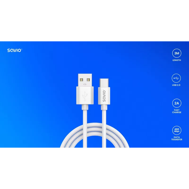 Cavo USB 2.0 SAVIO CL-168, USB A (connettore maschio) a USB C (connettore maschio), 3 m, bianco