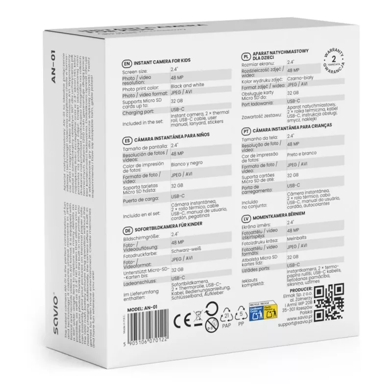 Fotocamera istantanea SAVIO AN-01 per bambini, bianca, LCD 6,1 cm (2,4″), MicroSDHC fino a 32 GB, USB-C, batteria 1200 mAh, senza flash integrato