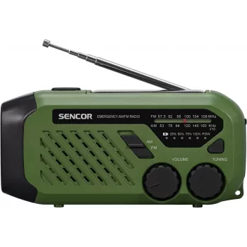Radio portatile FM/AM SENCOR SRD1000SCLGR con Bluetooth, ricarica solare/a manovella/USB-C, batteria ricaricabile 2000 mAh, IPX4, luci LED